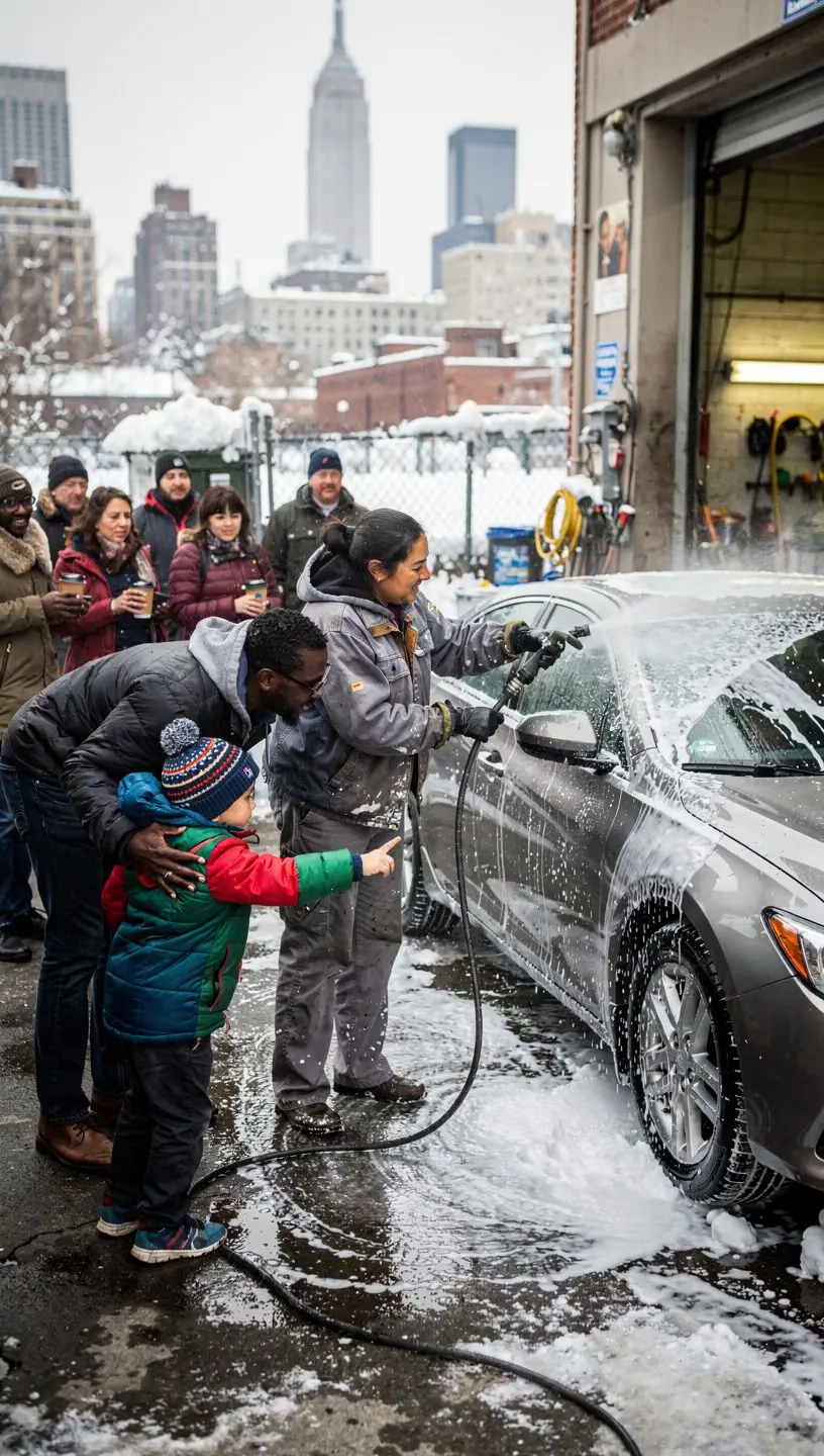 Auto repair professional explaining winter car care tips to a customer inside a New York City garage.