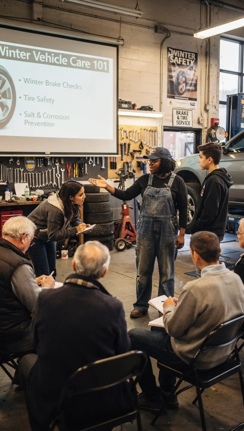 Winter tire installation on a car in an auto repair shop focused on salt and corrosion prevention.